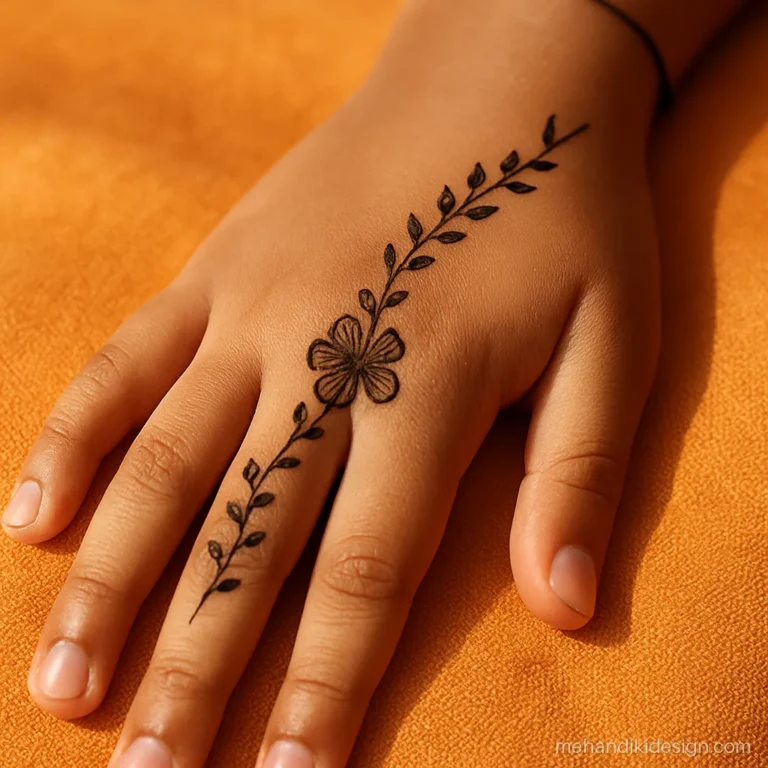 Mehandi design for kids aged 10 with a mini Arabic leaf trail
