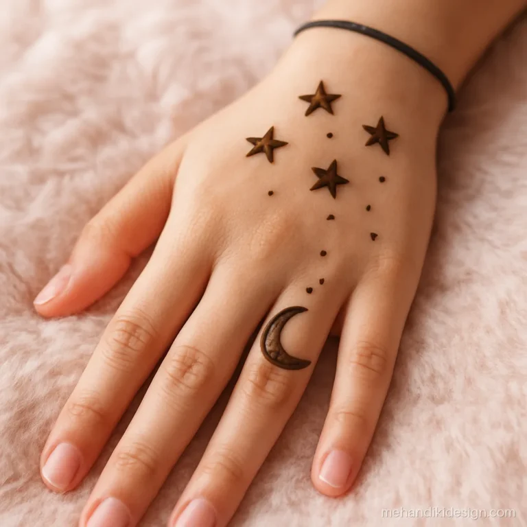 Mehandi for kids with a crescent moon and scattered stars on the back hand