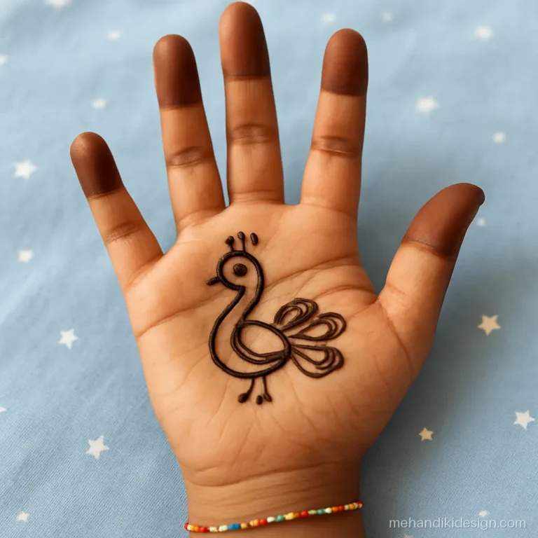 Bacchon ke liye mehandi design with a mini peacock in the palm