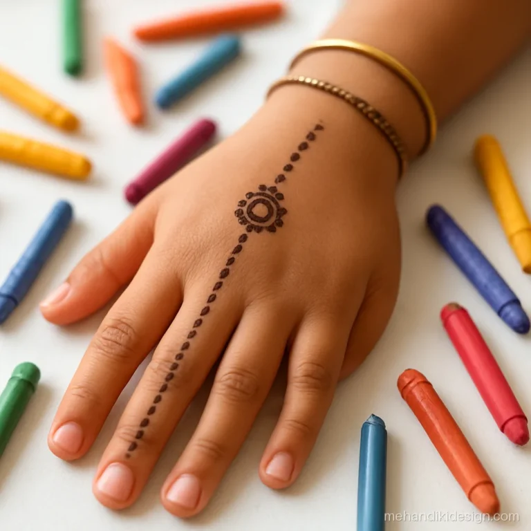 Kids mehandi design with a henna bracelet and ring chain on fingers