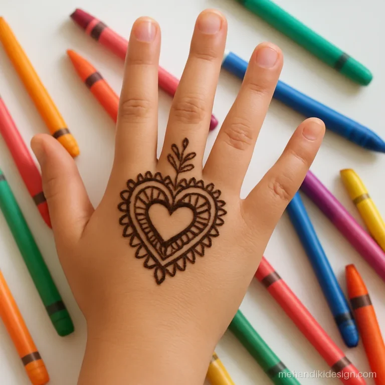 Mehandi for kids aged 12 with a heart shaped mandala on the back hand