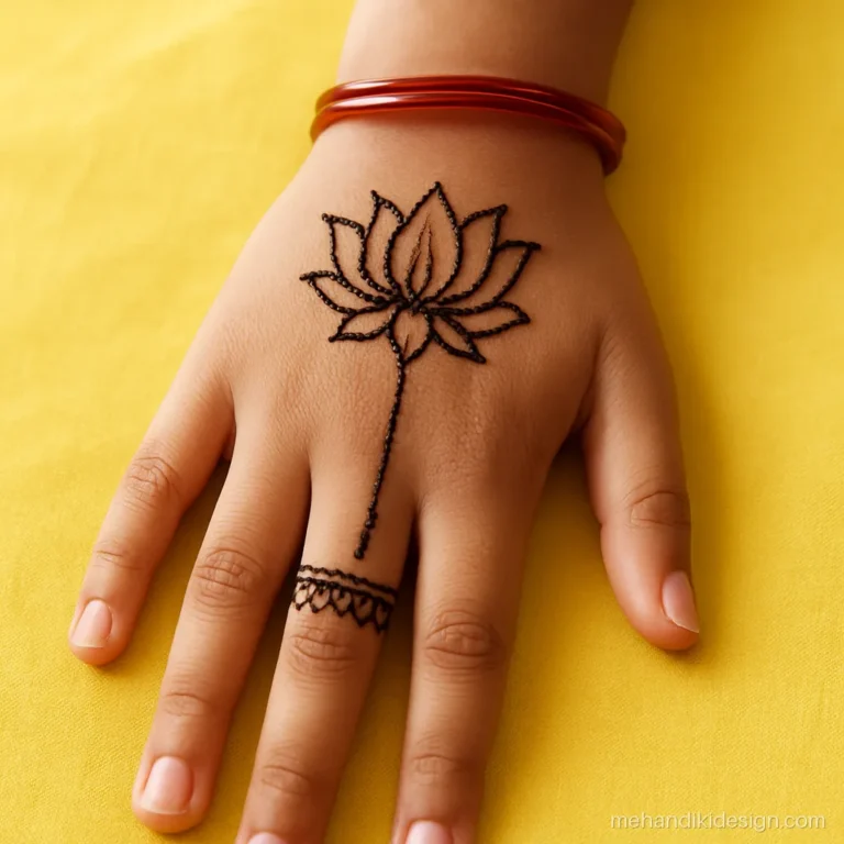 Bacchon ki mehandi design with a lotus and wrist cuff for a 12 year old