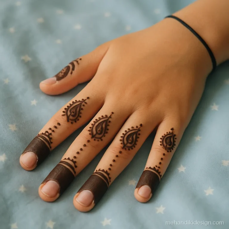 Kids mehandi design with paisleys on fingers and a plain back hand