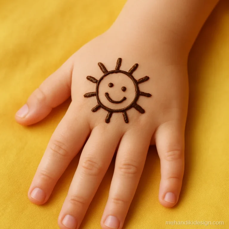 Mehandi for kids aged 5 with a smiling sun on the back of a small hand