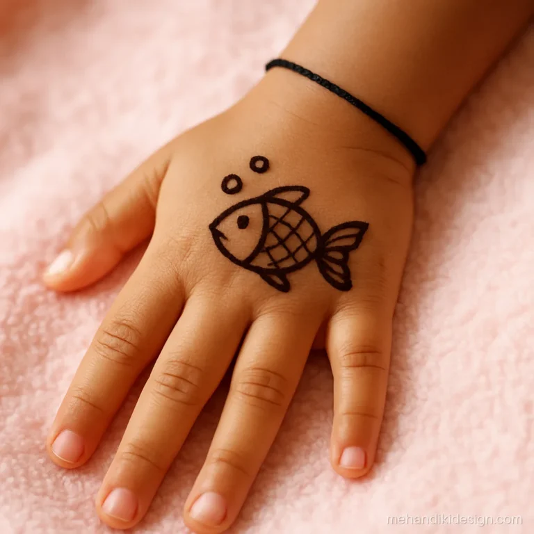 Bacchon ki mehandi design simple with a tiny fish and bubbles on hand