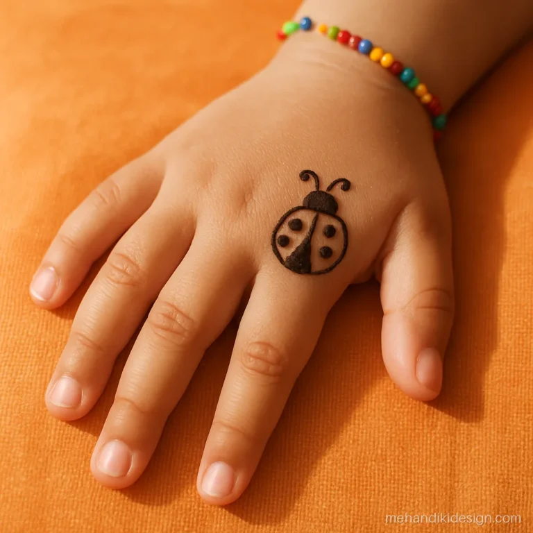 Kids mehandi for 5 year olds with a ladybug on the index finger