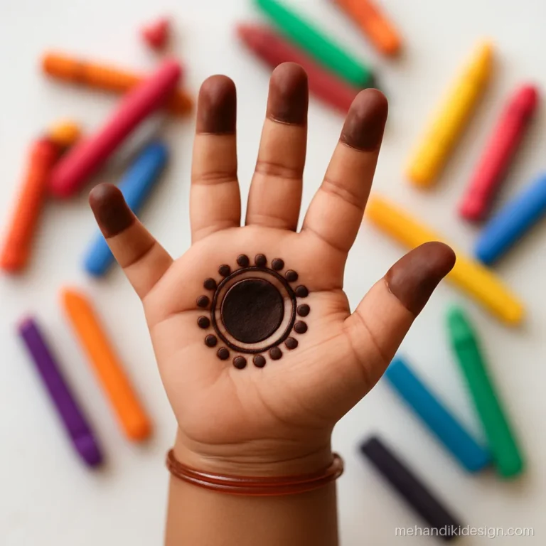 Simple mehandi for a 5 year old with a round palm tikki and dot ring