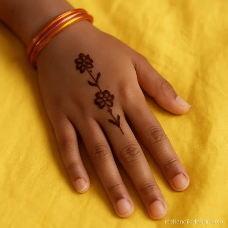 Mehandi design for kids aged 7 with a short flower trail on the back hand
