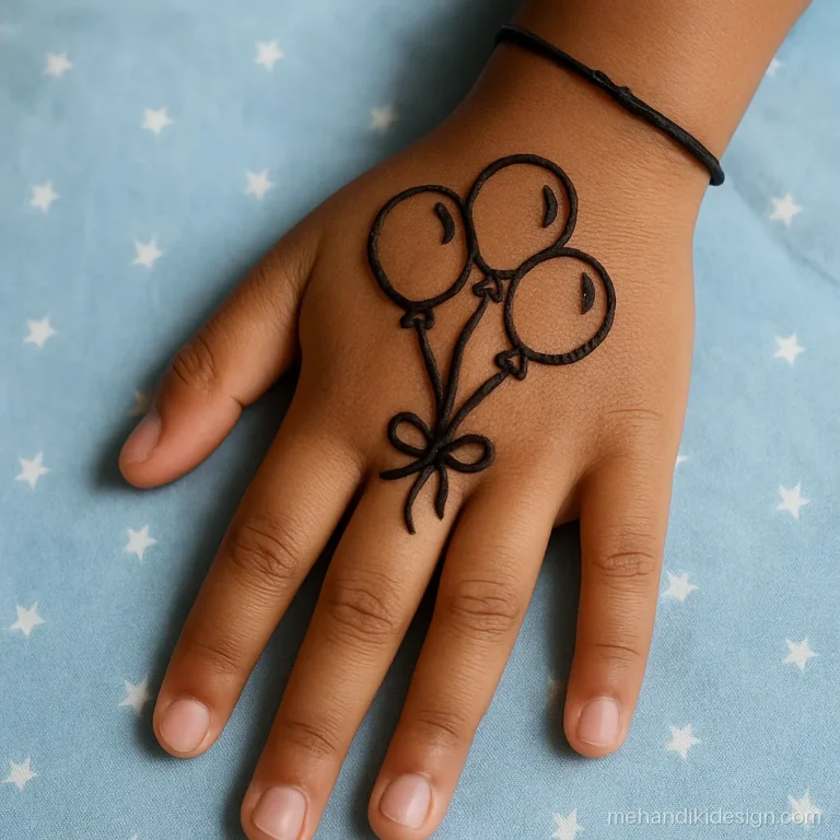 Simple mehandi designs for kids with a bunch of three balloons on hand