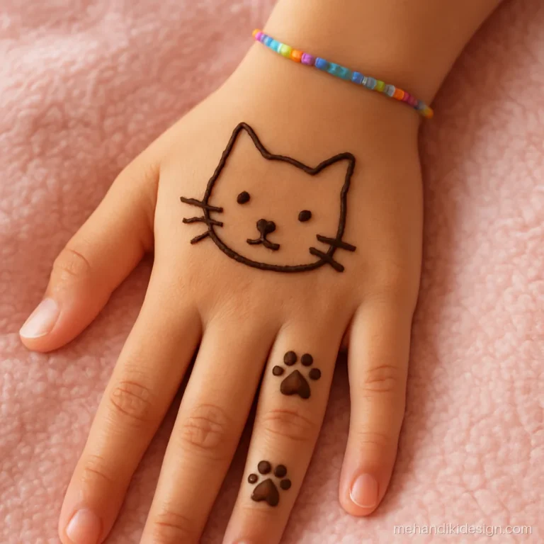 Kids mehandi design with a simple kitten face outline on the back hand