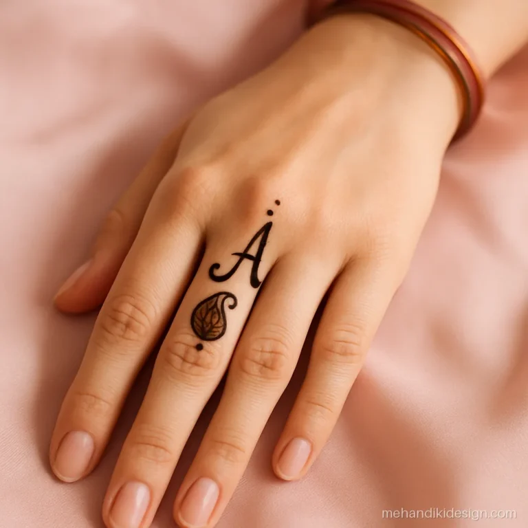 A naam ki mehandi with a small capital letter A on the index finger and paisley base