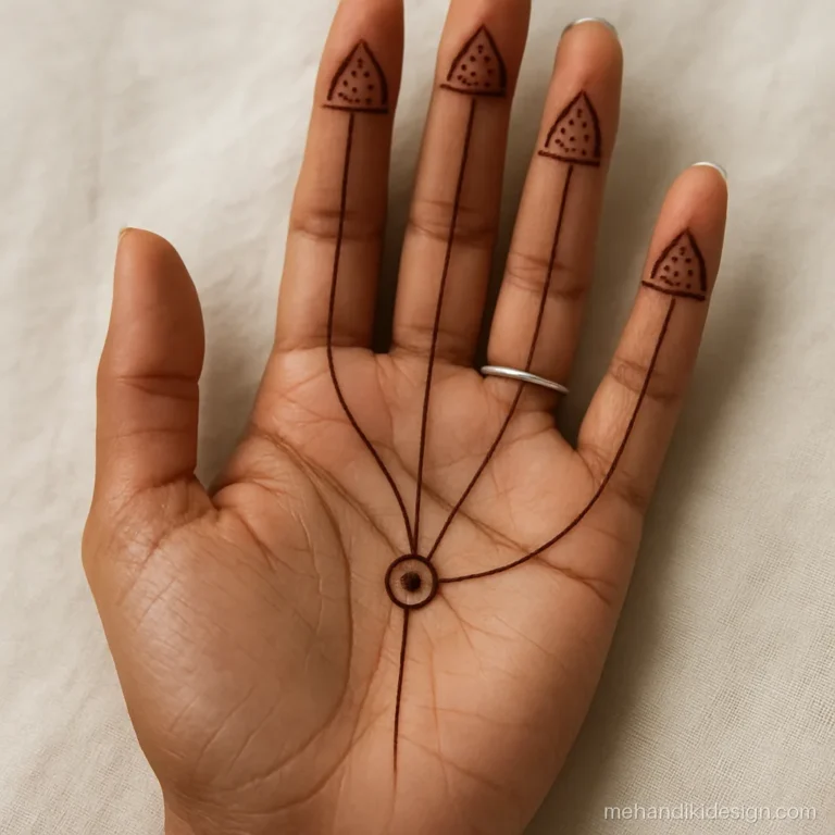 Aage ki mehandi with arch shaped fingertips and lines meeting in the palm