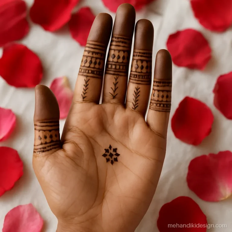 Aage hath ki mehandi with detailed bands on every finger and small palm dot