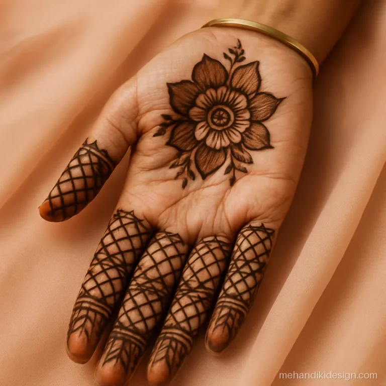 Front hand mehandi with fine jaal on all fingers and a palm motif