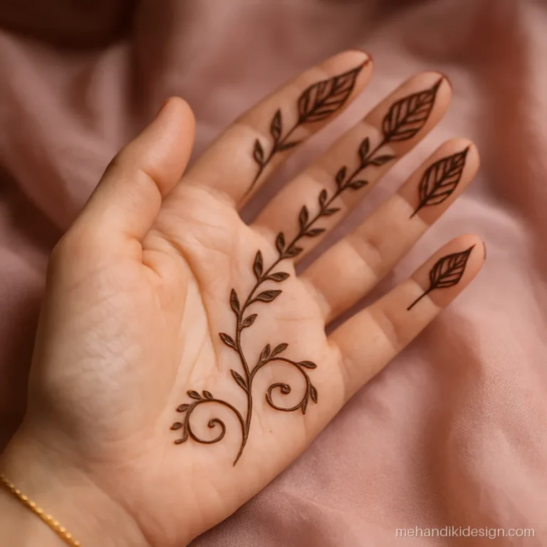 Mehandi design front hand with leaf shaped tips on each finger