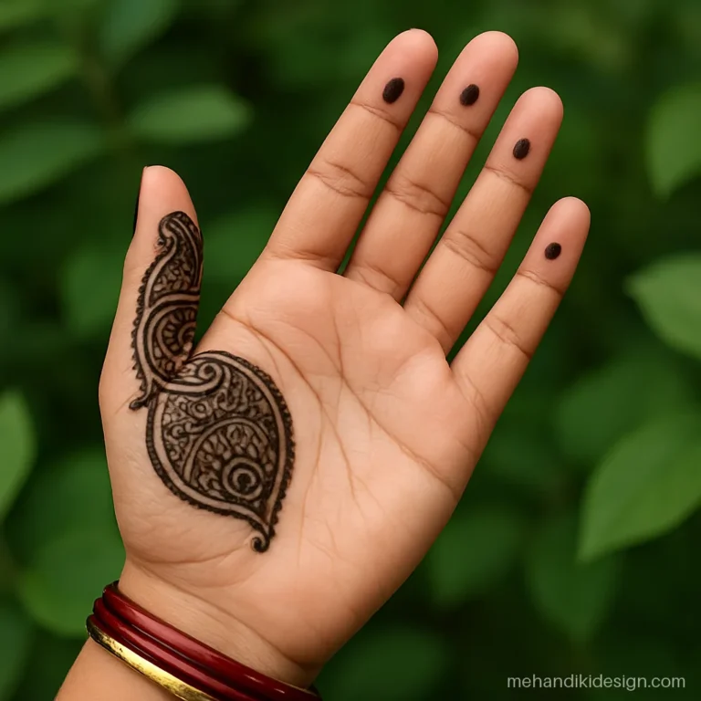 Mehandi design aage ka with a large thumb design and simple palm