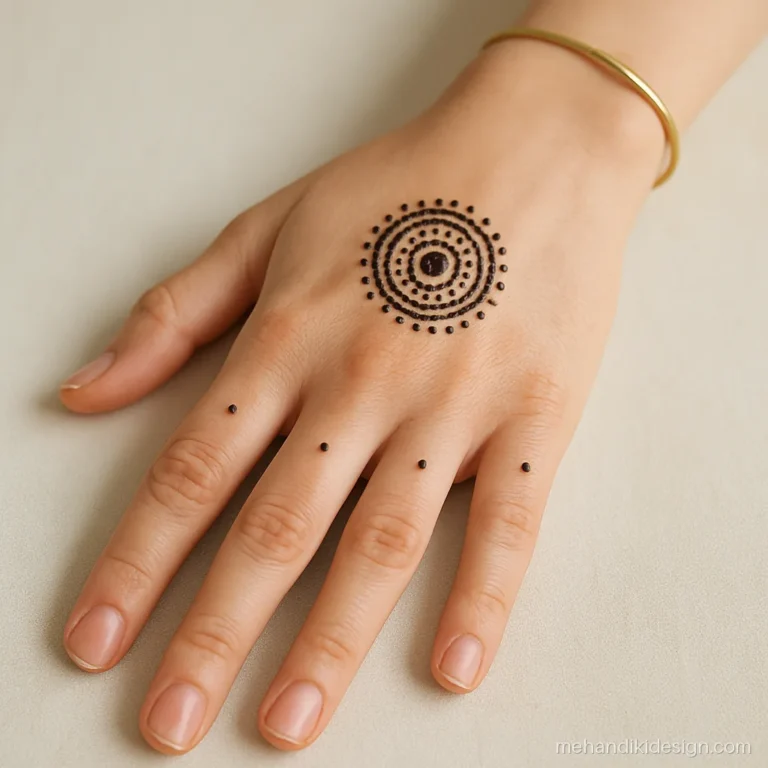 Aesthetic mehandi with a tiny dot mandala on the back of the hand