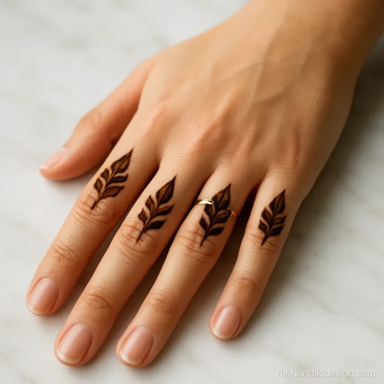 Aesthetic mehandi design with single leaves on the middle segment of fingers