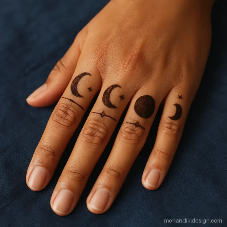 Aesthetic mehandi with moon phases drawn on each fingertip