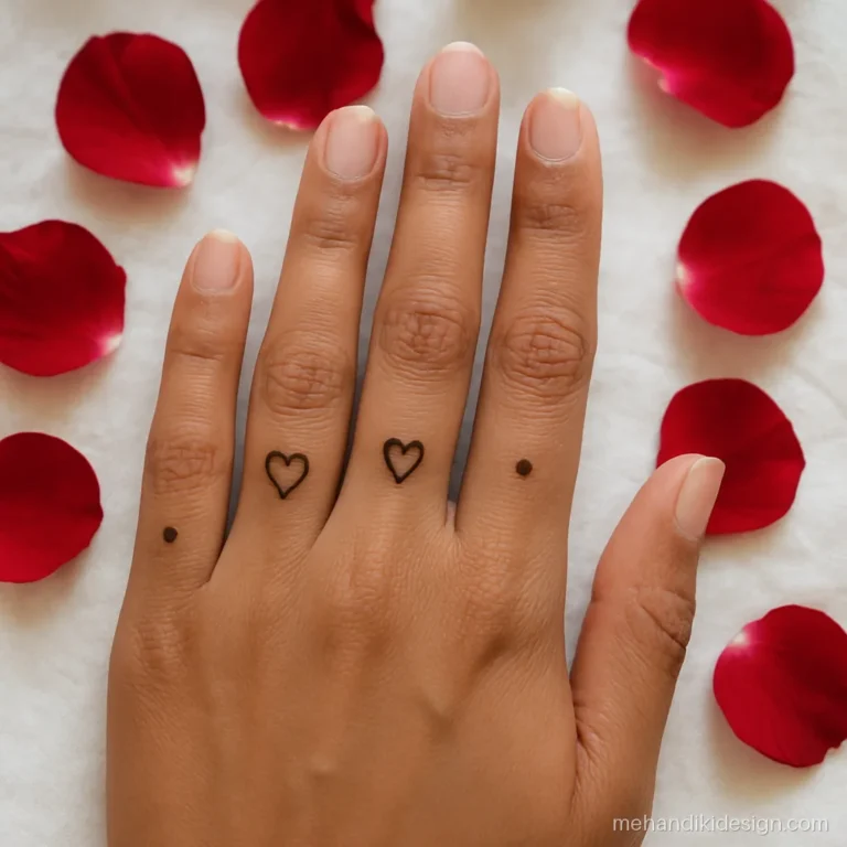 Mehandi design aesthetic with tiny hearts on alternating fingers