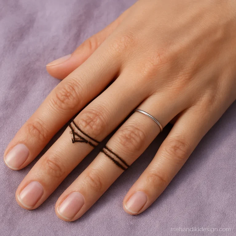 Aesthetic mehandi with zigzag rings on the middle and ring fingers