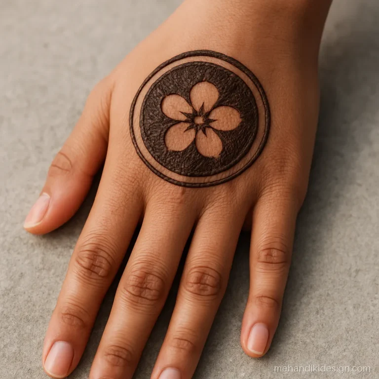 Aesthetic mehandi with a filled circle and bare flower inside on the back hand