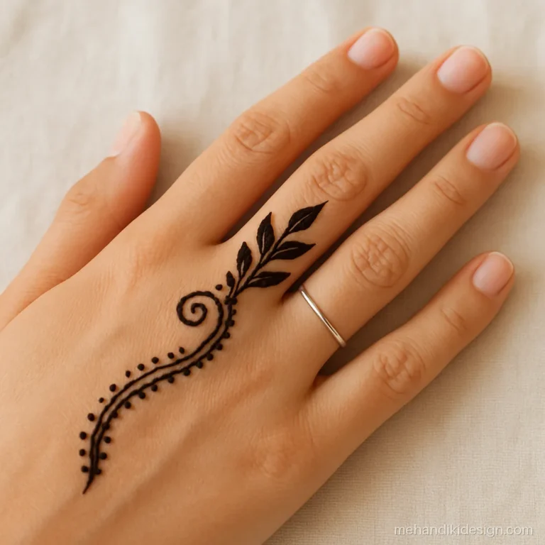 Negative space aesthetic mehandi with bare leaf shapes on a filled finger