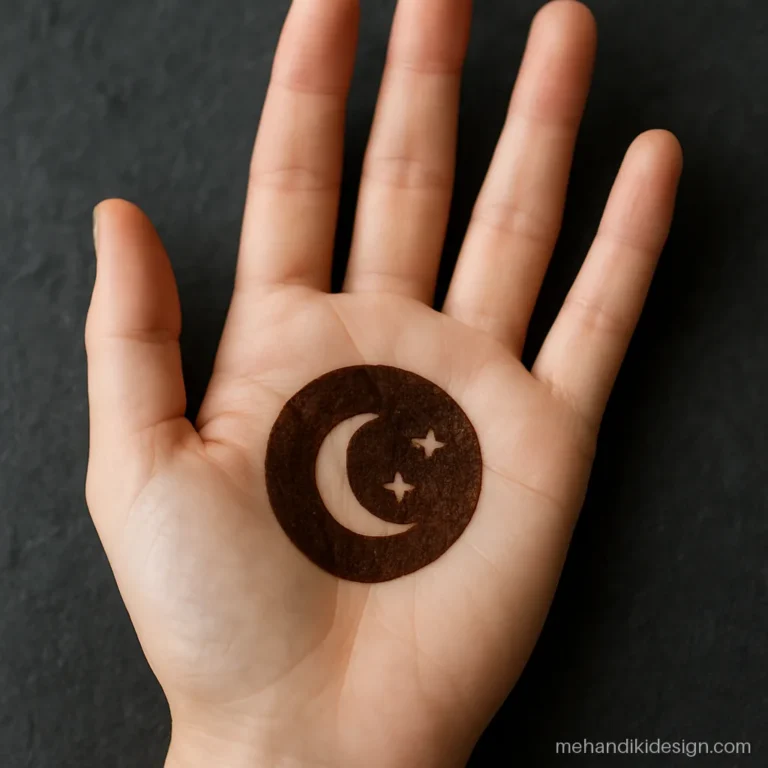Aesthetic mehandi with a bare crescent moon inside a filled palm circle
