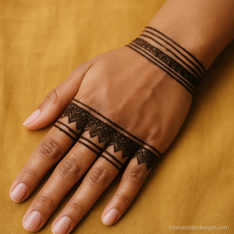 Aesthetic mehandi design with a negative space wrist band of diamonds