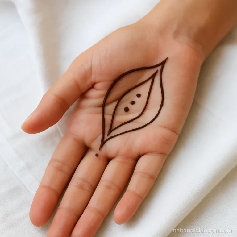 Aesthetic mehandi design with two crossing arcs and dots on the palm