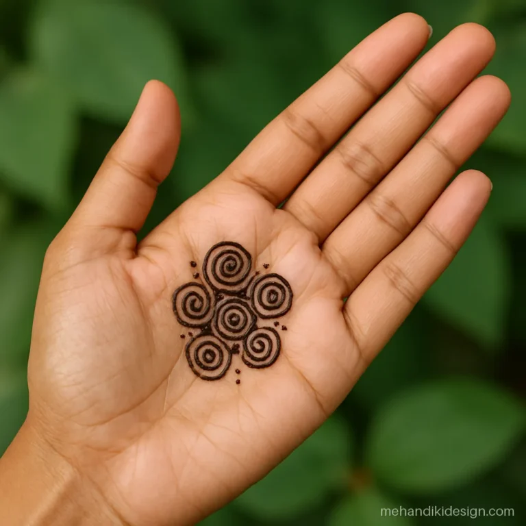 Mehandi designs simple aesthetic with a swirl cluster on the palm