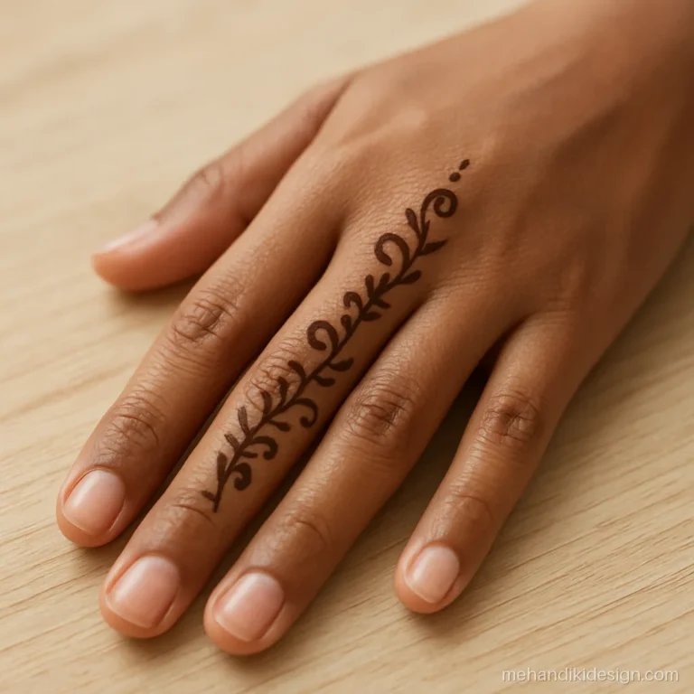 Aesthetic mehandi design with a curling swirl vine along the index finger