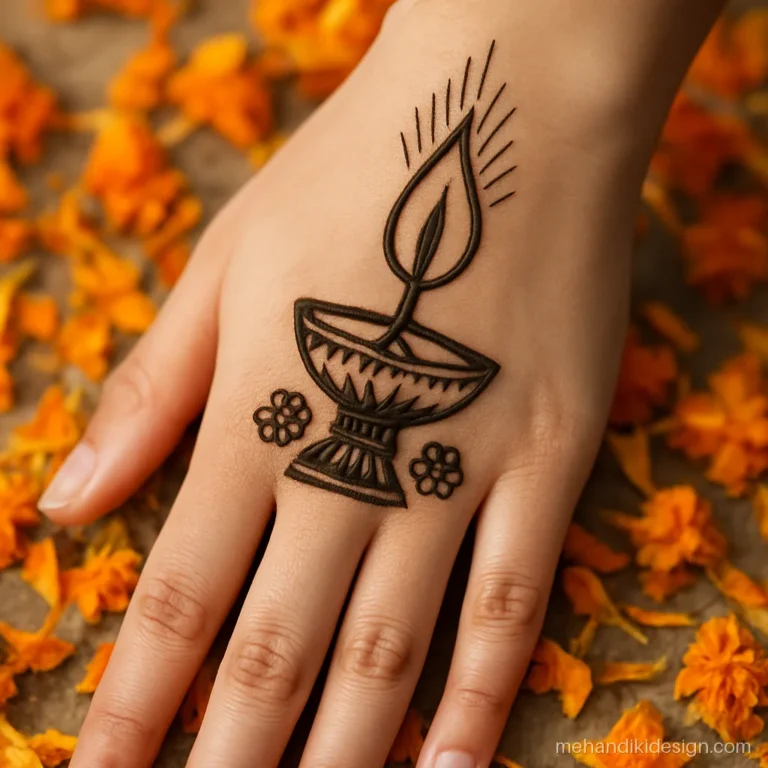 Navratri ki mehandi with a glowing akhand jyoti diya at the wrist and flame rays