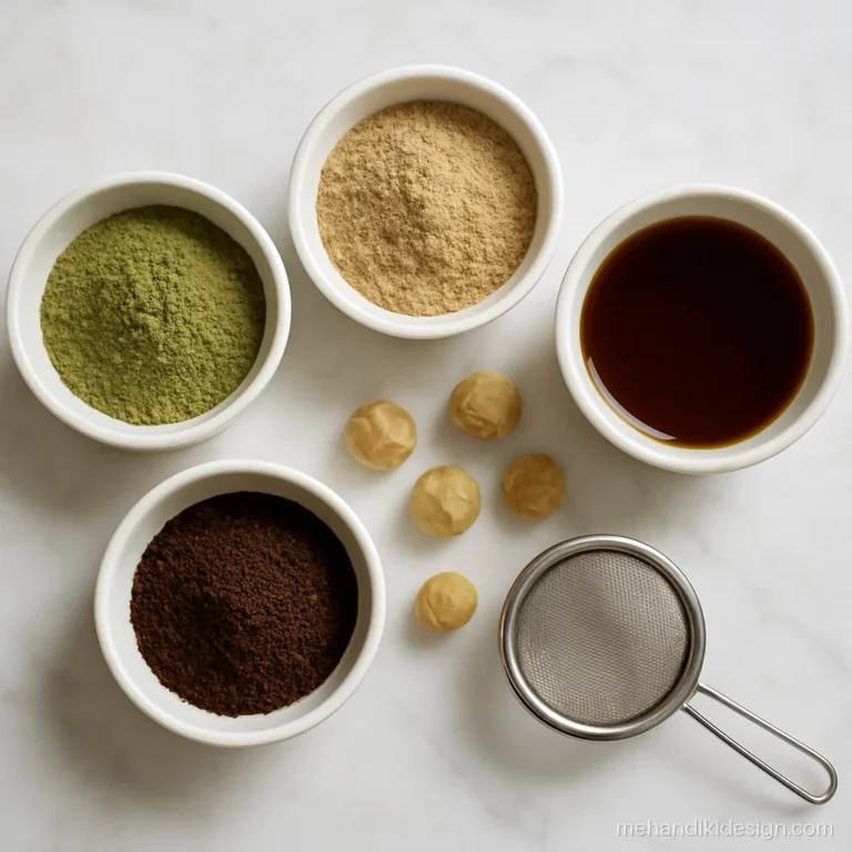 Amla powder, brewed tea and coffee kept beside herbal mehandi powder for hair