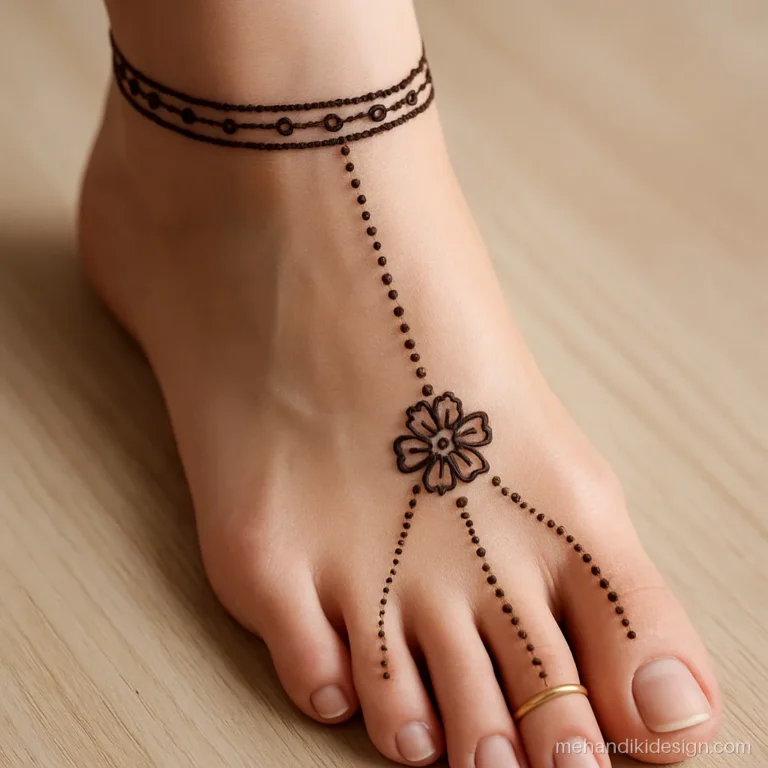 Anklet pair ka mehandi design with a chain linking ankle to middle toe