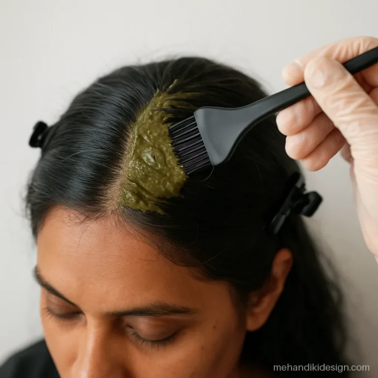 Gloved hand applying mehandi paste on hair roots along a centre parting