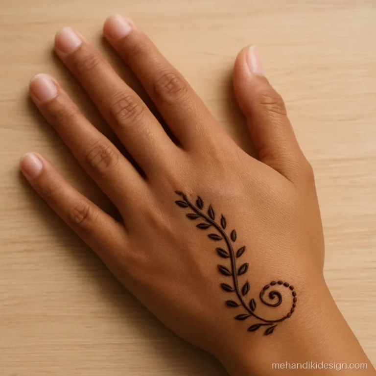 Arabi mehandi design with a dotted vine curling along the thumb and wrist