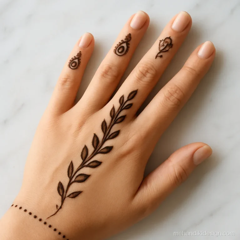 Arabi mehandi for front hand with paisleys on fingers and a palm vine