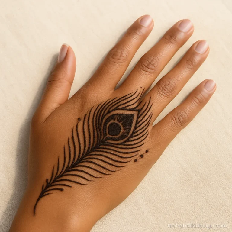 Arabian mehandi design with a peacock feather sweeping across the back hand
