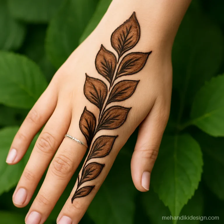 Arabian mehandi design with thick outlined leaves and gradient shading on back hand