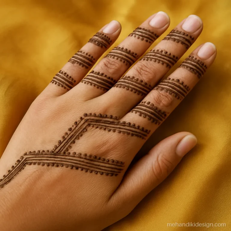 Arabian mehandi on fingers with diagonal shaded bands and dotted edges