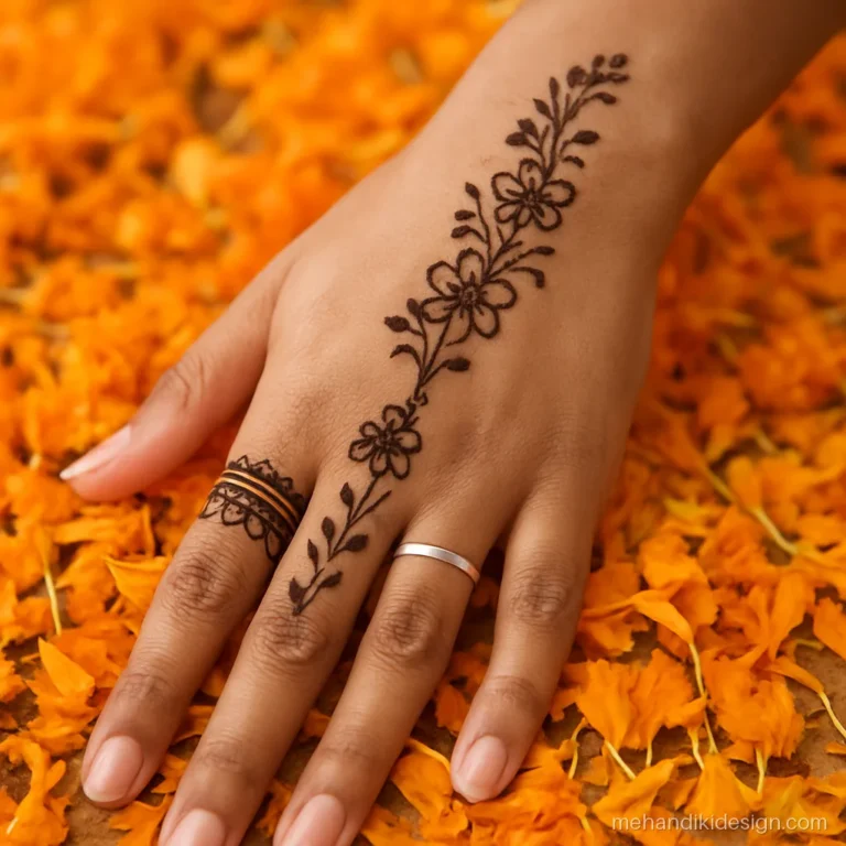 Arabian mehandi ki design with a wrist cuff and a trail up to the fingers