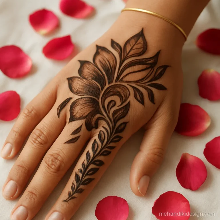 Bold Arabic mehandi on the back hand with petals from the thumb