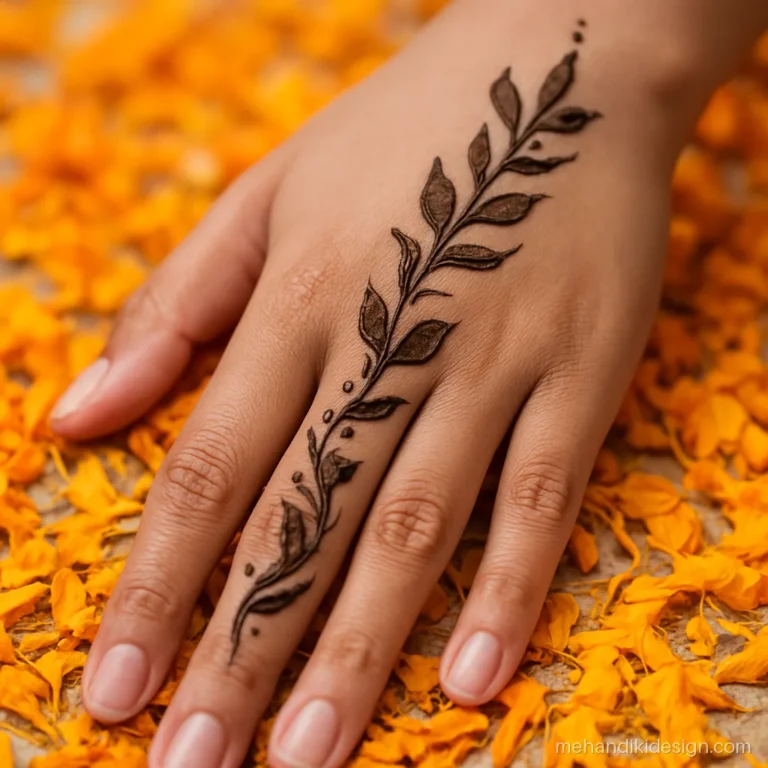 Arabic mehandi design back side with crescents and a leafy vine