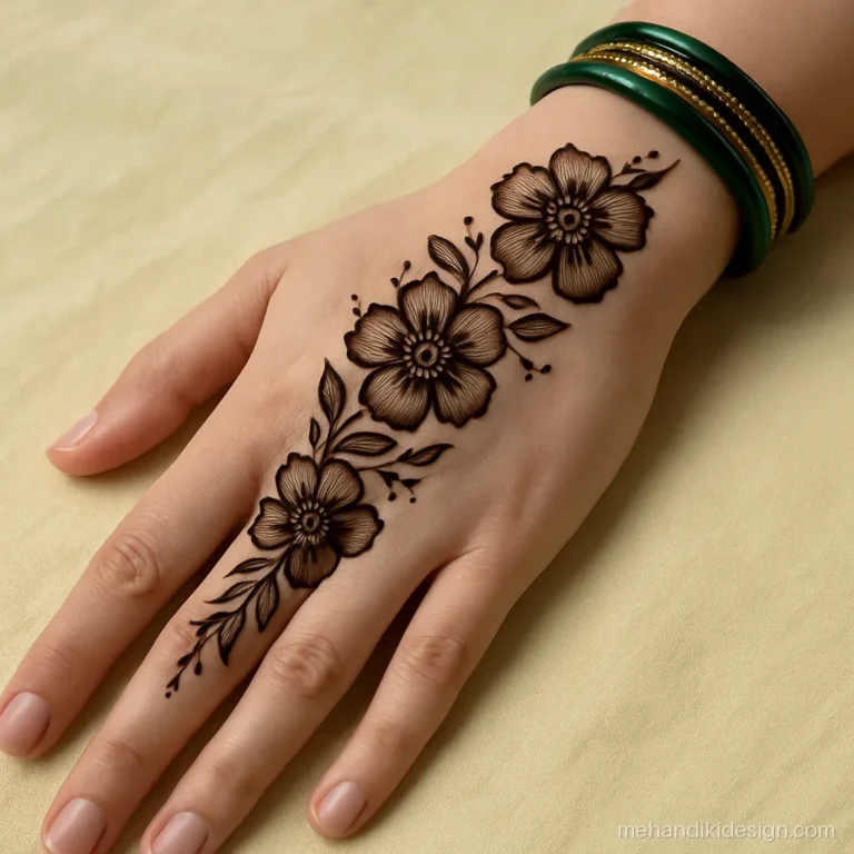Arabic back hand mehandi design with a diagonal trail of shaded flowers