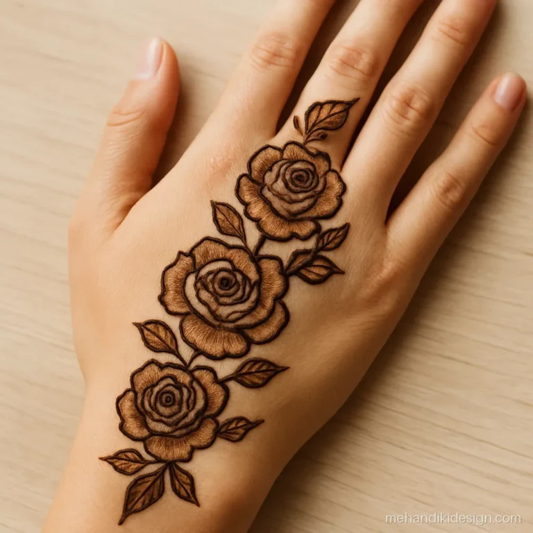 Arabic back hand mehandi design with a cascade of shaded roses