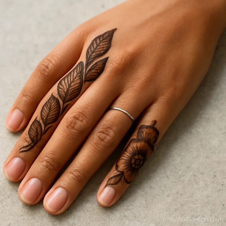 Arabic back hand mehandi with shaded designs on two fingers