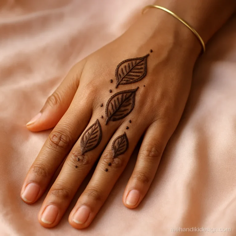 Finger mehandi designs with bold outline Arabic leaves on each finger