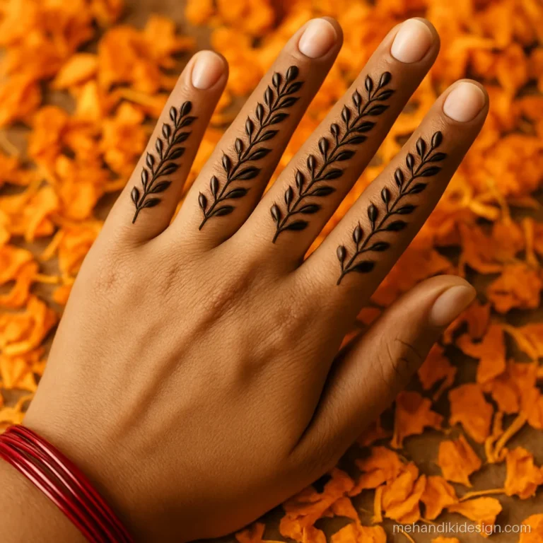 Arabic finger mehandi design with stacked leaves on each finger and plain hand