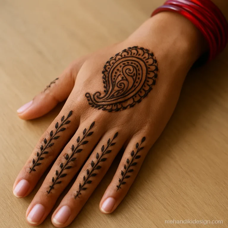 Arabic finger mehandi with a paisley on the thumb and leaf lines on fingers